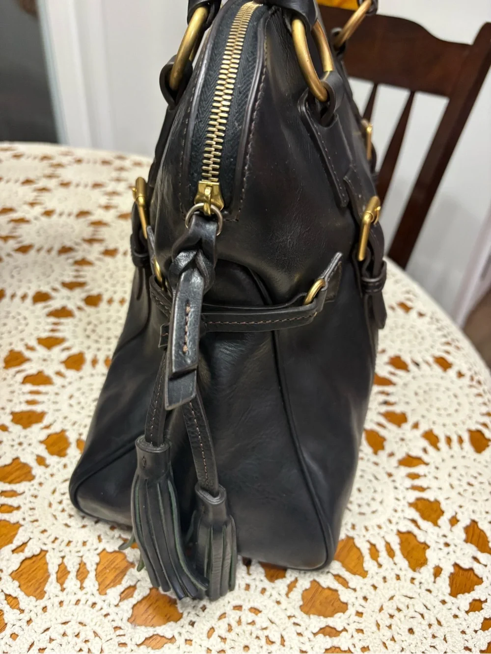 Dooney & Bourke Large Black Florentine Leather Satchel Tassel Bag Gold Hardware